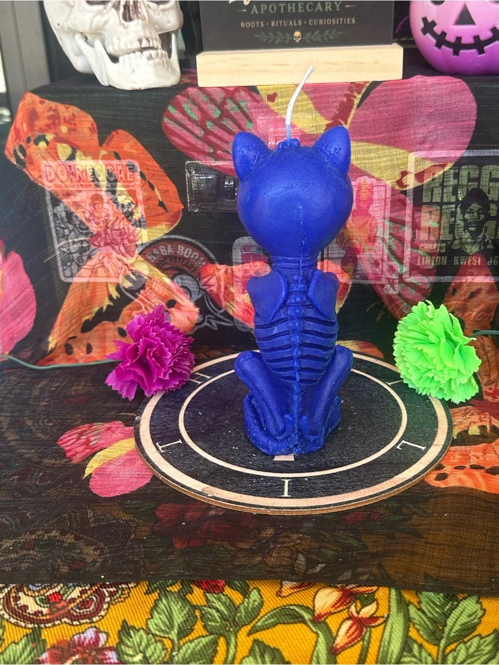 Handmade Blue Skeleton Cat Candle – Gothic Cat Figurine Candle